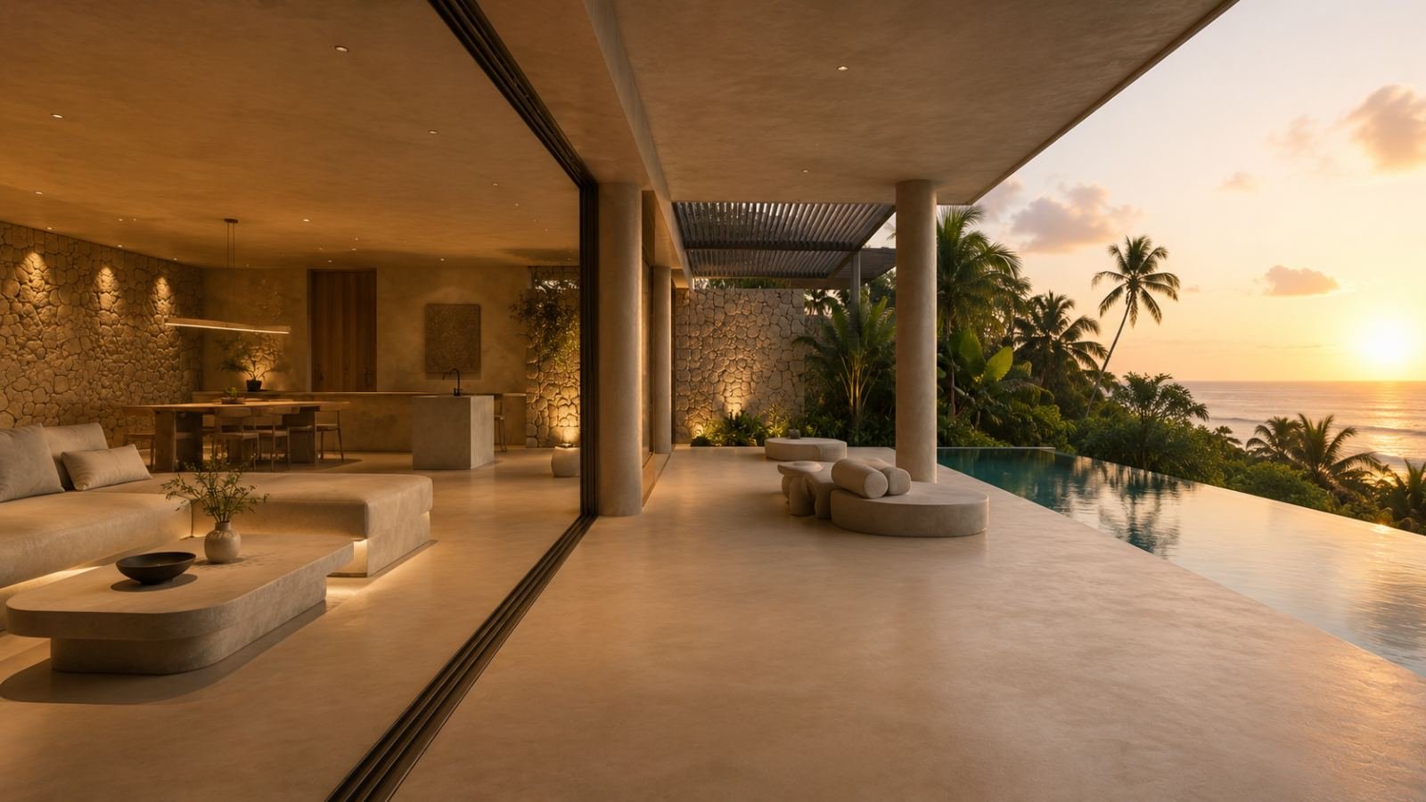 Interior floor plane continuing seamlessly onto an exterior terrace at sunset