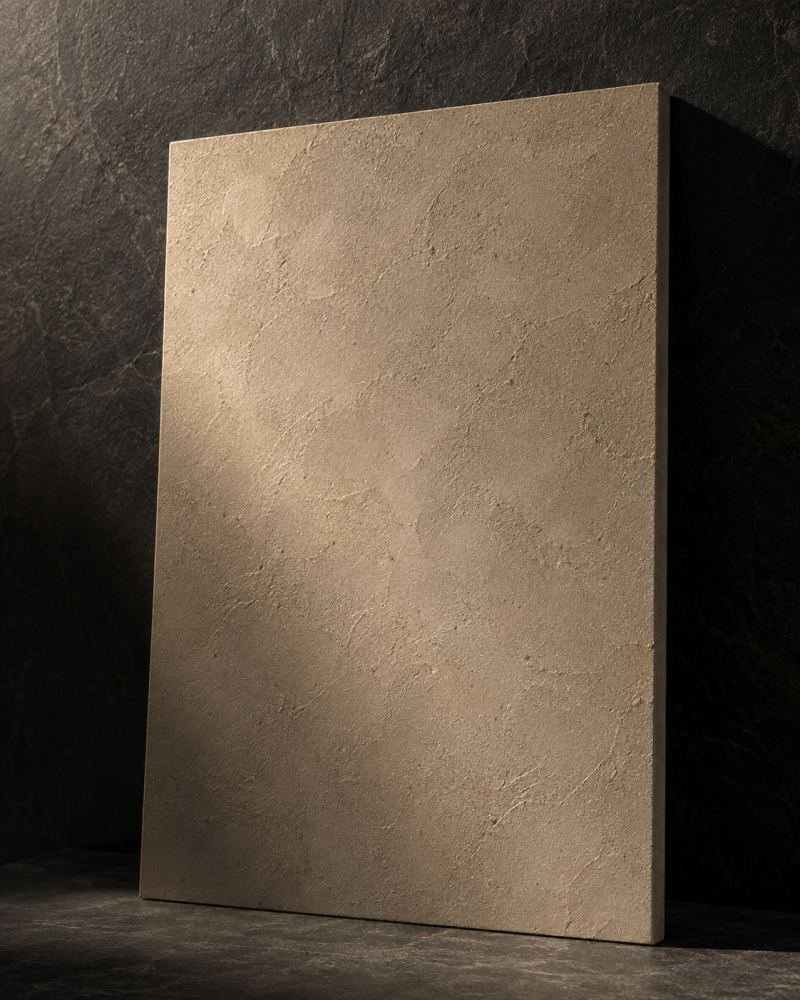 A microcement material sample board photographed against a dark backdrop